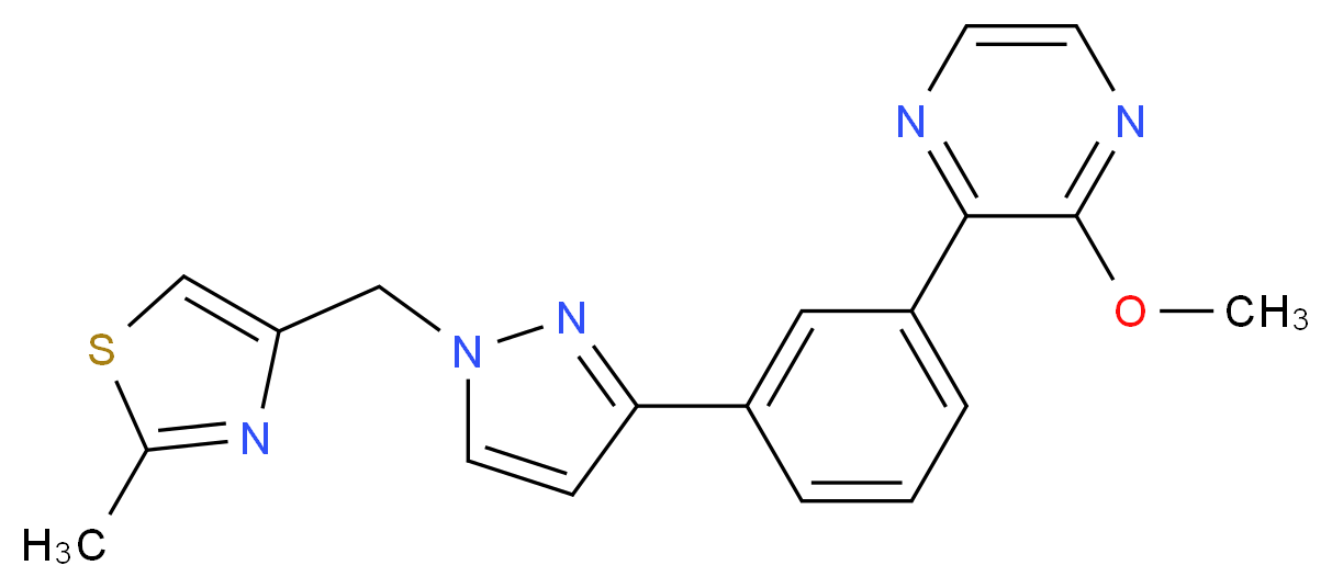 2-methoxy-3-(3-{1-[(2-methyl-1,3-thiazol-4-yl)methyl]-1H-pyrazol-3-yl}phenyl)pyrazine_分子结构_CAS_)