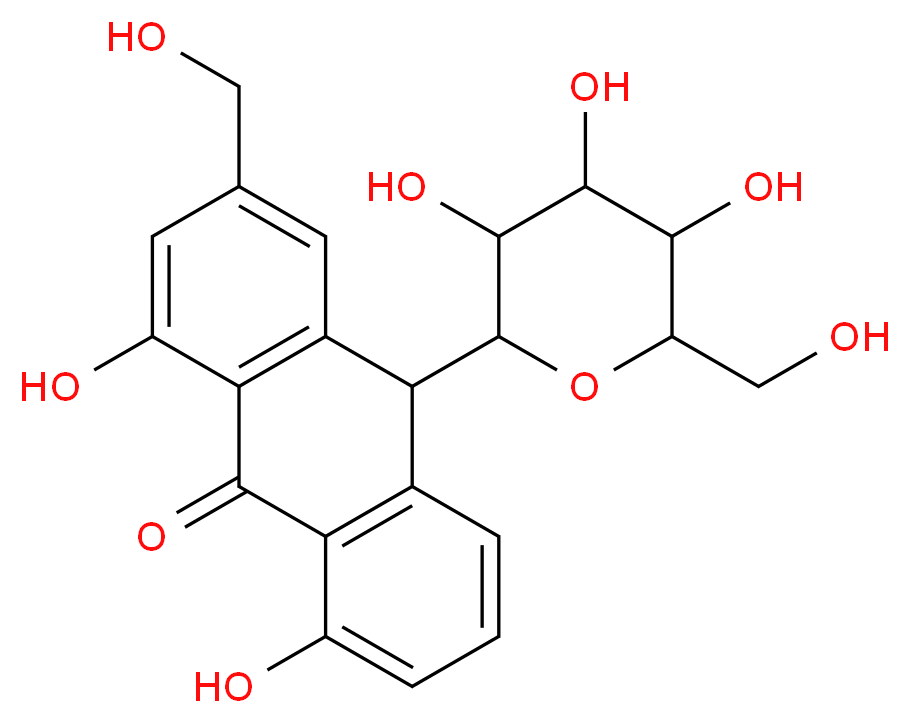 1,8-dihydroxy-3-(hydroxymethyl)-10-(3,4,5-trihydroxy-6-(hydroxymethyl)tetrahydro-2H-pyran-2-yl)anthracen-9(10H)-one_分子结构_CAS_)