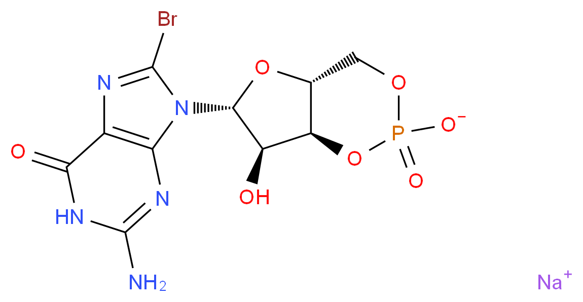 sodium (4aR,6R,7R,7aS)-6-(2-amino-8-bromo-6-oxo-6,9-dihydro-1H-purin-9-yl)-7-hydroxy-2-oxo-hexahydro-1,3,5,2λ<sup>5</sup>-furo[3,2-d][1,3,2λ<sup>5</sup>]dioxaphosphinin-2-olate_分子结构_CAS_51116-01-9