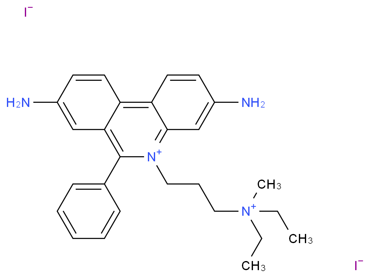 3,8-diamino-5-{3-[diethyl(methyl)azaniumyl]propyl}-6-phenylphenanthridin-5-ium diiodide_分子结构_CAS_25535-16-4