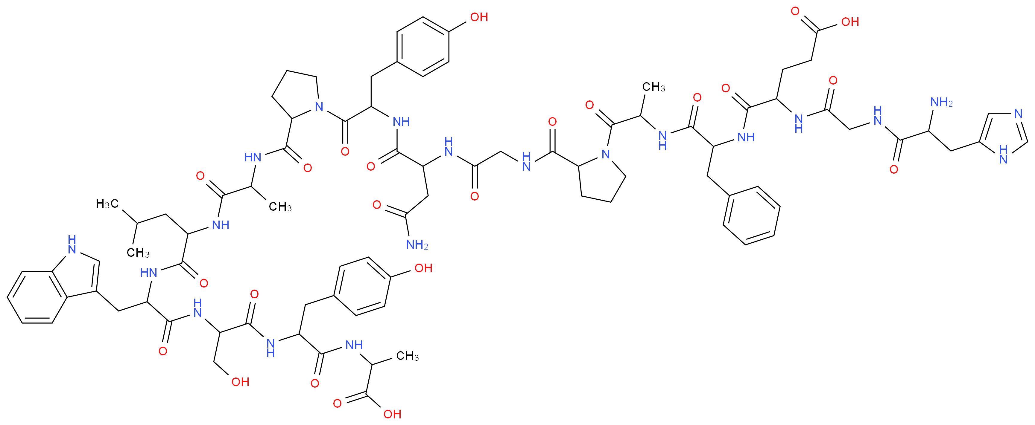 4-{2-[2-amino-3-(1H-imidazol-5-yl)propanamido]acetamido}-4-{[1-({1-[2-({[(2-carbamoyl-1-{[1-(2-{[1-({1-[(1-{[1-({1-[(1-carboxyethyl)carbamoyl]-2-(4-hydroxyphenyl)ethyl}carbamoyl)-2-hydroxyethyl]carbamoyl}-2-(1H-indol-3-yl)ethyl)carbamoyl]-3-methylbutyl}carbamoyl)ethyl]carbamoyl}pyrrolidin-1-yl)-3-(4-hydroxyphenyl)-1-oxopropan-2-yl]carbamoyl}ethyl)carbamoyl]methyl}carbamoyl)pyrrolidin-1-yl]-1-oxopropan-2-yl}carbamoyl)-2-phenylethyl]carbamoyl}butanoic acid_分子结构_CAS_133531-91-6