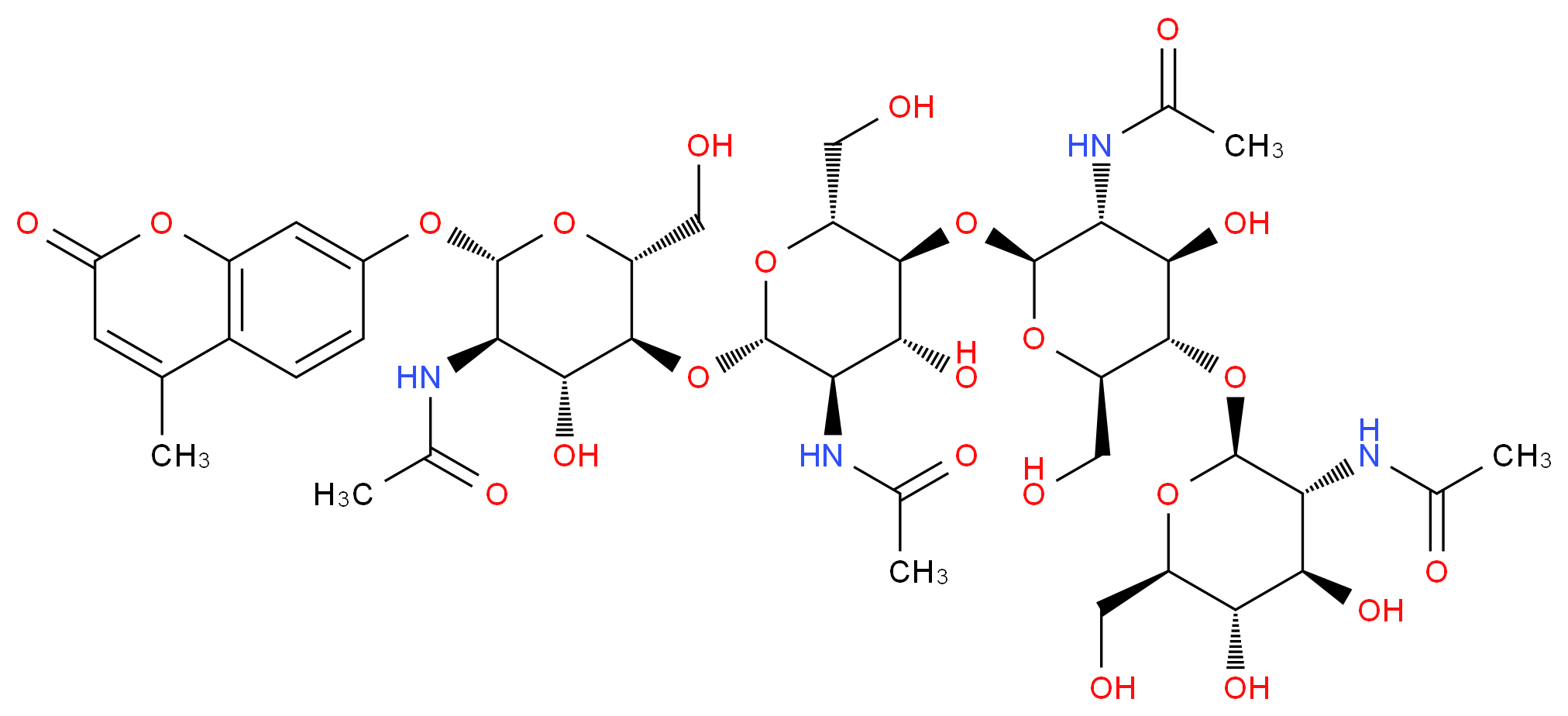 N-[(2S,3R,4R,5S,6R)-5-{[(2S,3R,4R,5S,6R)-3-acetamido-5-{[(2S,3R,4R,5S,6R)-3-acetamido-5-{[(2S,3R,4R,5S,6R)-3-acetamido-4,5-dihydroxy-6-(hydroxymethyl)oxan-2-yl]oxy}-4-hydroxy-6-(hydroxymethyl)oxan-2-yl]oxy}-4-hydroxy-6-(hydroxymethyl)oxan-2-yl]oxy}-4-hydroxy-6-(hydroxymethyl)-2-[(4-methyl-2-oxo-2H-chromen-7-yl)oxy]oxan-3-yl]acetamide_分子结构_CAS_53643-14-4