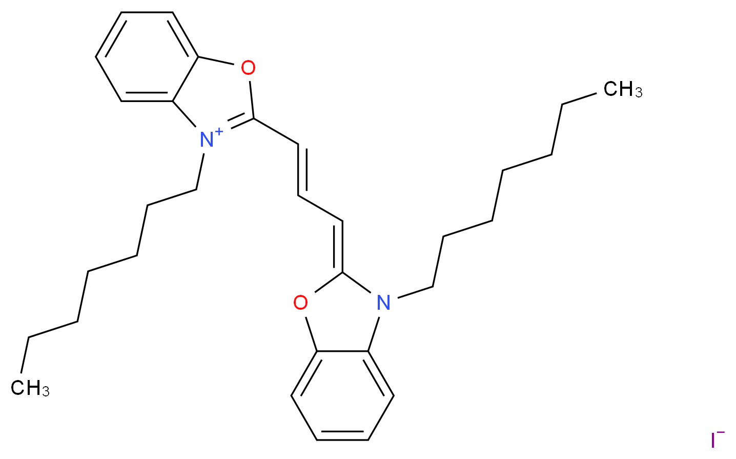 3-heptyl-2-[(1E)-3-[(2Z)-3-heptyl-2,3-dihydro-1,3-benzoxazol-2-ylidene]prop-1-en-1-yl]-1,3-benzoxazol-3-ium iodide_分子结构_CAS_53213-83-5