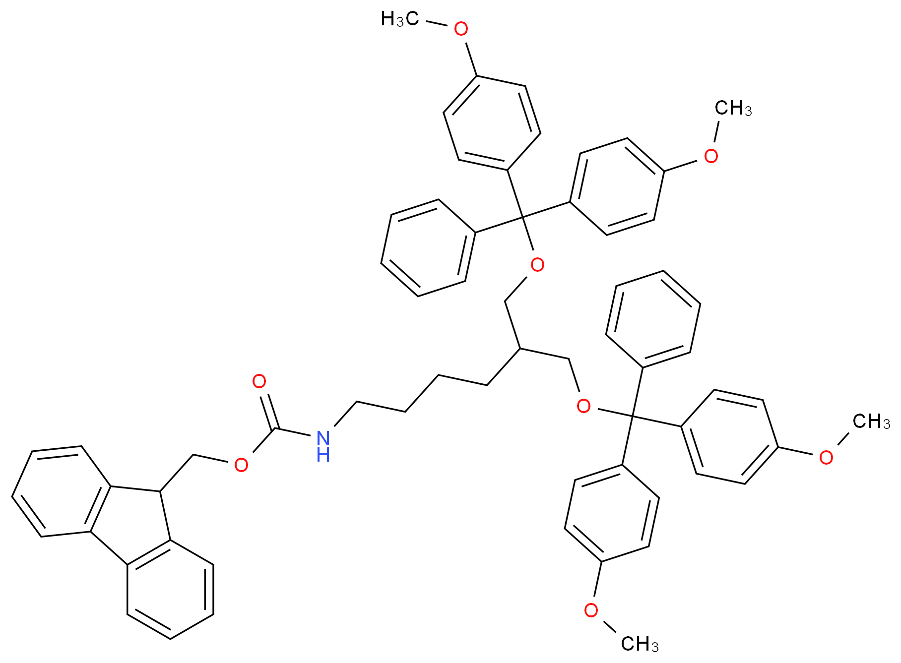 9H-fluoren-9-ylmethyl N-{6-[bis(4-methoxyphenyl)(phenyl)methoxy]-5-{[bis(4-methoxyphenyl)(phenyl)methoxy]methyl}hexyl}carbamate_分子结构_CAS_353754-96-8