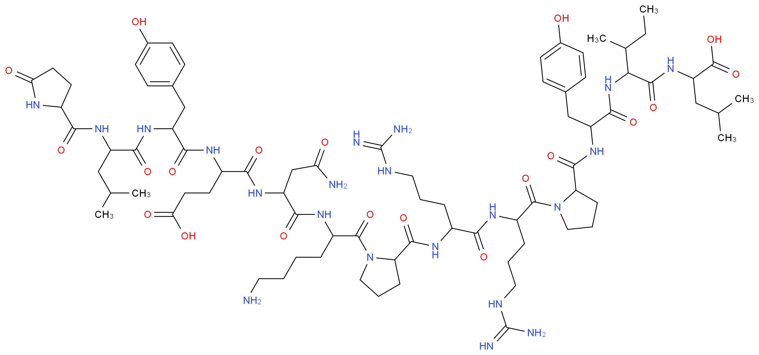 4-({1-[(6-amino-1-{2-[(4-carbamimidamido-1-{[5-carbamimidamido-1-(2-{[1-({1-[(1-carboxy-3-methylbutyl)carbamoyl]-2-methylbutyl}carbamoyl)-2-(4-hydroxyphenyl)ethyl]carbamoyl}pyrrolidin-1-yl)-1-oxopentan-2-yl]carbamoyl}butyl)carbamoyl]pyrrolidin-1-yl}-1-oxohexan-2-yl)carbamoyl]-2-carbamoylethyl}carbamoyl)-4-[3-(4-hydroxyphenyl)-2-{4-methyl-2-[(5-oxopyrrolidin-2-yl)formamido]pentanamido}propanamido]butanoic acid_分子结构_CAS_58889-67-1