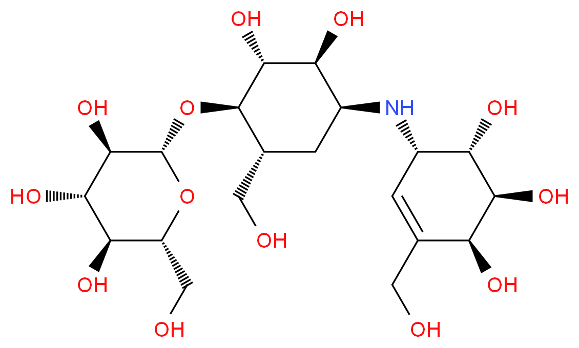 (2R,3R,4S,5S,6R)-2-{[(1R,2R,3S,4S,6R)-2,3-dihydroxy-6-(hydroxymethyl)-4-{[(1S,4S,5S,6S)-4,5,6-trihydroxy-3-(hydroxymethyl)cyclohex-2-en-1-yl]amino}cyclohexyl]oxy}-6-(hydroxymethyl)oxane-3,4,5-triol_分子结构_CAS_37248-47-8