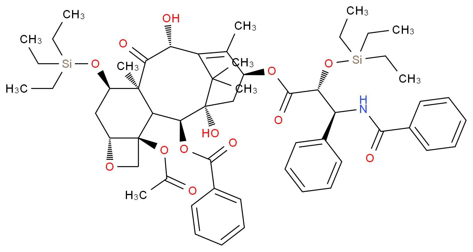 (1S,2S,3R,4S,7R,9R,10S,12R,15S)-4-(acetyloxy)-1,12-dihydroxy-10,14,17,17-tetramethyl-11-oxo-15-{[(2R,3S)-3-phenyl-3-(phenylformamido)-2-[(triethylsilyl)oxy]propanoyl]oxy}-9-[(triethylsilyl)oxy]-6-oxatetracyclo[11.3.1.0<sup>3</sup>,<sup>1</sup><sup>0</sup>.0<sup>4</sup>,<sup>7</sup>]heptadec-13-en-2-yl benzoate_分子结构_CAS_155556-72-2