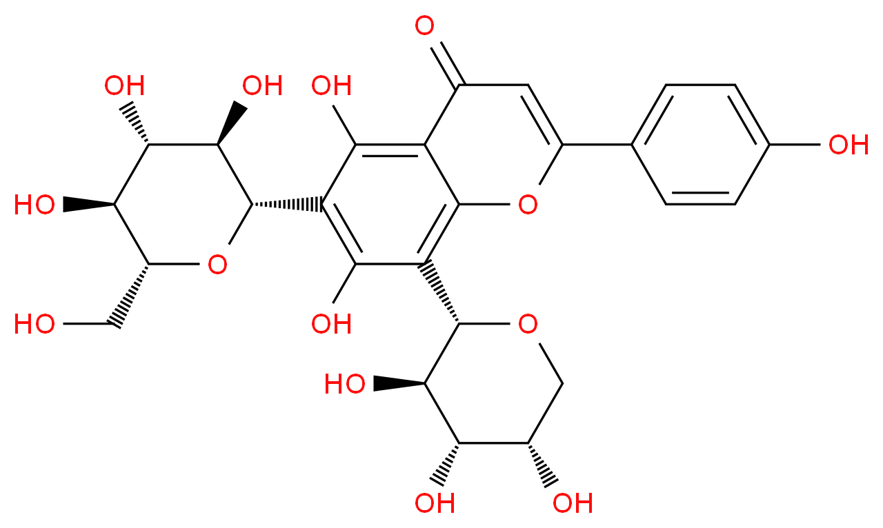 5,7-dihydroxy-2-(4-hydroxyphenyl)-6-[(2S,3R,4R,5S,6R)-3,4,5-trihydroxy-6-(hydroxymethyl)oxan-2-yl]-8-[(2S,3R,4S,5S)-3,4,5-trihydroxyoxan-2-yl]-4H-chromen-4-one_分子结构_CAS_51938-32-0