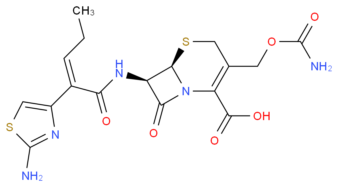 (6R,7R)-7-[(2Z)-2-(2-amino-1,3-thiazol-4-yl)pent-2-enamido]-3-[(carbamoyloxy)methyl]-8-oxo-5-thia-1-azabicyclo[4.2.0]oct-2-ene-2-carboxylic acid_分子结构_CAS_135889-00-8