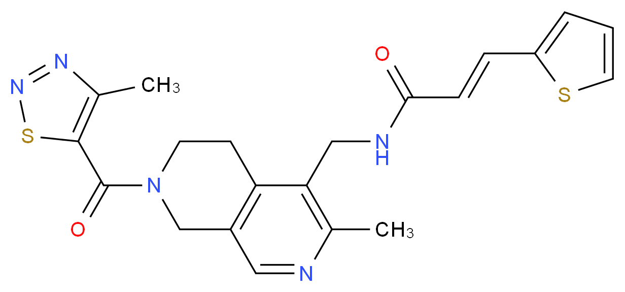 (2E)-N-({3-methyl-7-[(4-methyl-1,2,3-thiadiazol-5-yl)carbonyl]-5,6,7,8-tetrahydro-2,7-naphthyridin-4-yl}methyl)-3-(2-thienyl)acrylamide_分子结构_CAS_)