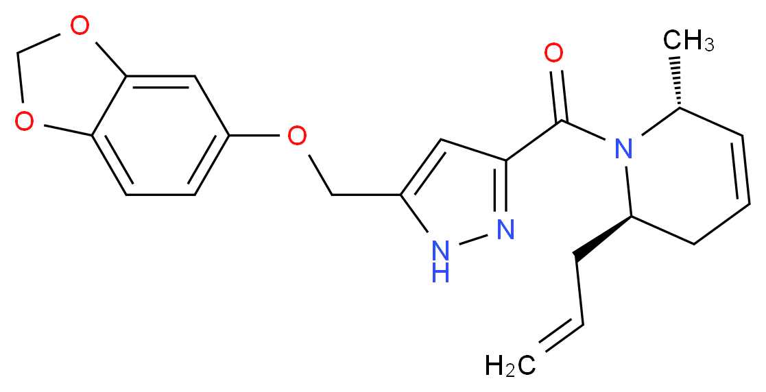 (2R*,6R*)-2-allyl-1-({5-[(1,3-benzodioxol-5-yloxy)methyl]-1H-pyrazol-3-yl}carbonyl)-6-methyl-1,2,3,6-tetrahydropyridine_分子结构_CAS_)