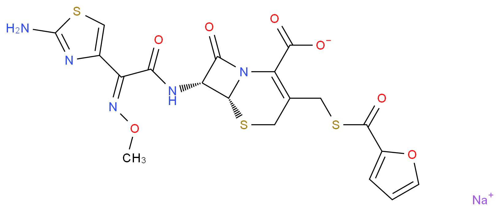 sodium (6R,7R)-7-[(2Z)-2-(2-amino-1,3-thiazol-4-yl)-2-(methoxyimino)acetamido]-3-[(furan-2-carbonylsulfanyl)methyl]-8-oxo-5-thia-1-azabicyclo[4.2.0]oct-2-ene-2-carboxylate_分子结构_CAS_104010-37-9