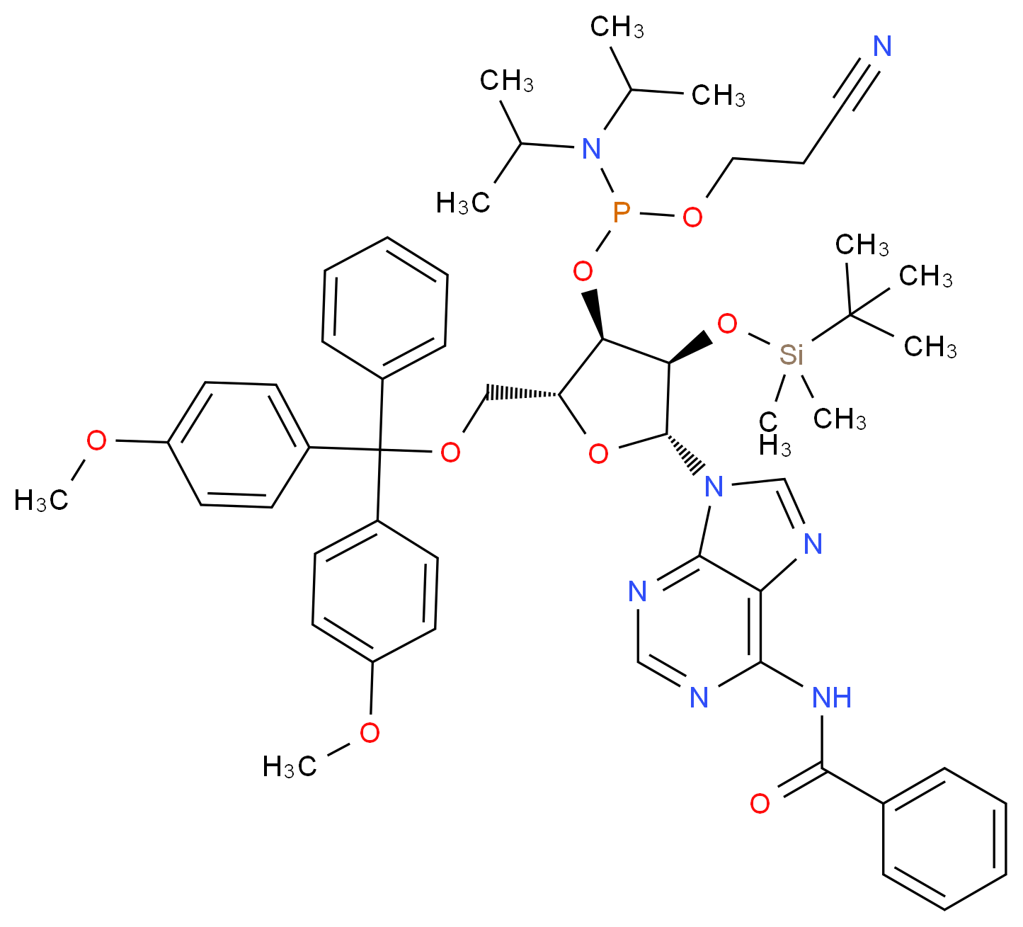 N-{9-[(2R,3R,4R,5R)-5-{[bis(4-methoxyphenyl)(phenyl)methoxy]methyl}-4-({[bis(propan-2-yl)amino](2-cyanoethoxy)phosphanyl}oxy)-3-[(tert-butyldimethylsilyl)oxy]oxolan-2-yl]-9H-purin-6-yl}benzamide_分子结构_CAS_104992-55-4