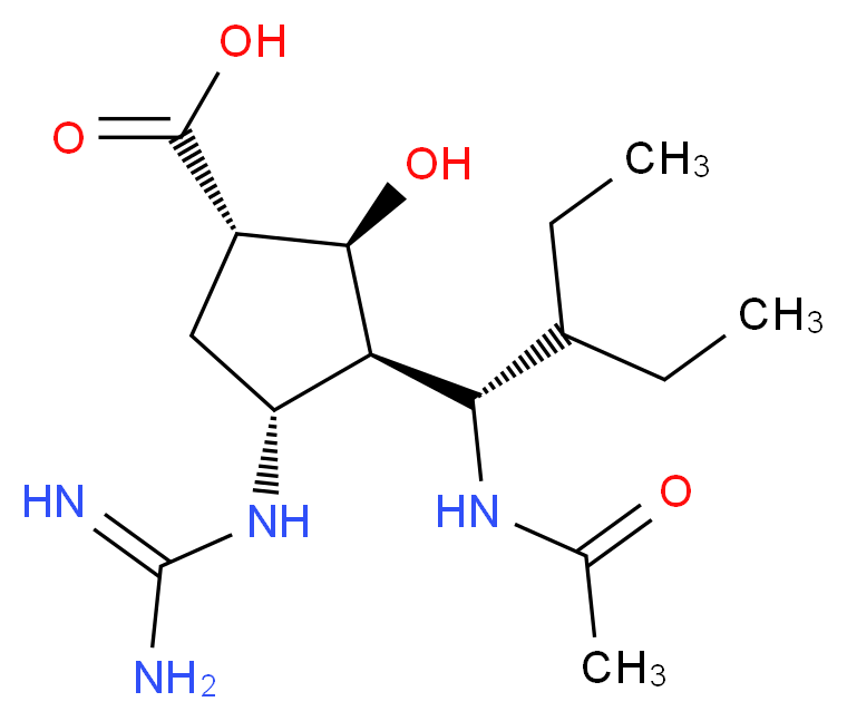 (1S,2S,3R,4R)-4-carbamimidamido-3-[(1S)-1-acetamido-2-ethylbutyl]-2-hydroxycyclopentane-1-carboxylic acid_分子结构_CAS_229614-55-5