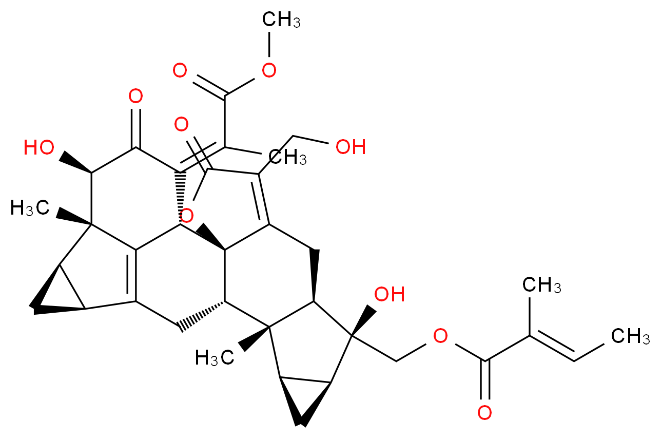 [(1R,2S,8R,9S,10S,12R,13S,14S,17S,19R,20S,21R,23Z)-9,21-dihydroxy-5-(hydroxymethyl)-23-(1-methoxy-1-oxopropan-2-ylidene)-13,20-dimethyl-4,22-dioxo-3-oxaoctacyclo[14.7.1.0<sup>2</sup>,<sup>6</sup>.0<sup>2</sup>,<sup>1</sup><sup>4</sup>.0<sup>8</sup>,<sup>1</sup><sup>3</sup>.0<sup>1</sup><sup>0</sup>,<sup>1</sup><sup>2</sup>.0<sup>1</sup><sup>7</sup>,<sup>1</sup><sup>9</sup>.0<sup>2</sup><sup>0</sup>,<sup>2</sup><sup>4</sup>]tetracosa-5,16(24)-dien-9-yl]methyl (2E)-2-methylbut-2-enoate_分子结构_CAS_142279-41-2