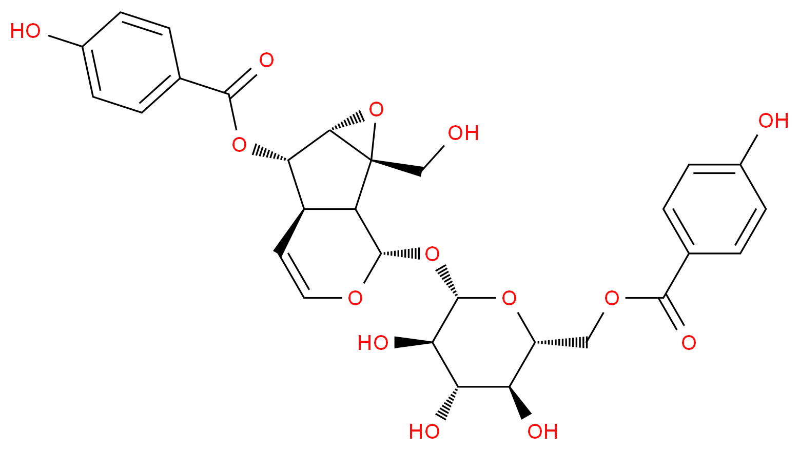 (1S,2S,4S,5S,6R,10S)-2-(hydroxymethyl)-10-{[(2S,3R,4S,5S,6R)-3,4,5-trihydroxy-6-[(4-hydroxybenzoyloxy)methyl]oxan-2-yl]oxy}-3,9-dioxatricyclo[4.4.0.0<sup>2</sup>,<sup>4</sup>]dec-7-en-5-yl 4-hydroxybenzoate_分子结构_CAS_355143-38-3