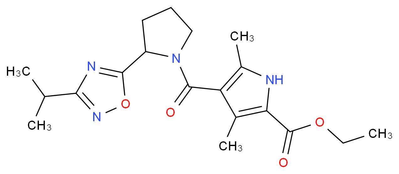 ethyl 4-{[2-(3-isopropyl-1,2,4-oxadiazol-5-yl)-1-pyrrolidinyl]carbonyl}-3,5-dimethyl-1H-pyrrole-2-carboxylate_分子结构_CAS_)