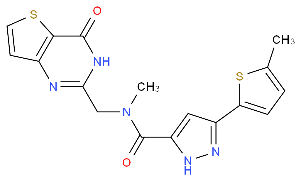 N-methyl-3-(5-methyl-2-thienyl)-N-[(4-oxo-3,4-dihydrothieno[3,2-d]pyrimidin-2-yl)methyl]-1H-pyrazole-5-carboxamide_分子结构_CAS_)
