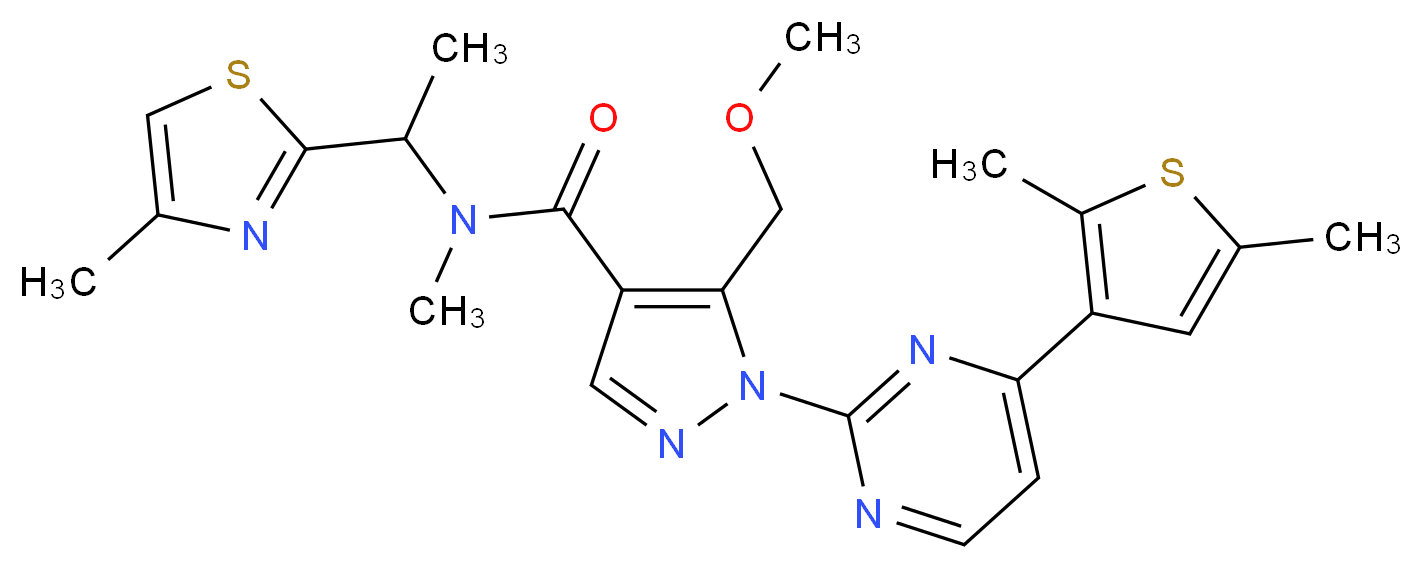 1-[4-(2,5-dimethyl-3-thienyl)-2-pyrimidinyl]-5-(methoxymethyl)-N-methyl-N-[1-(4-methyl-1,3-thiazol-2-yl)ethyl]-1H-pyrazole-4-carboxamide_分子结构_CAS_)