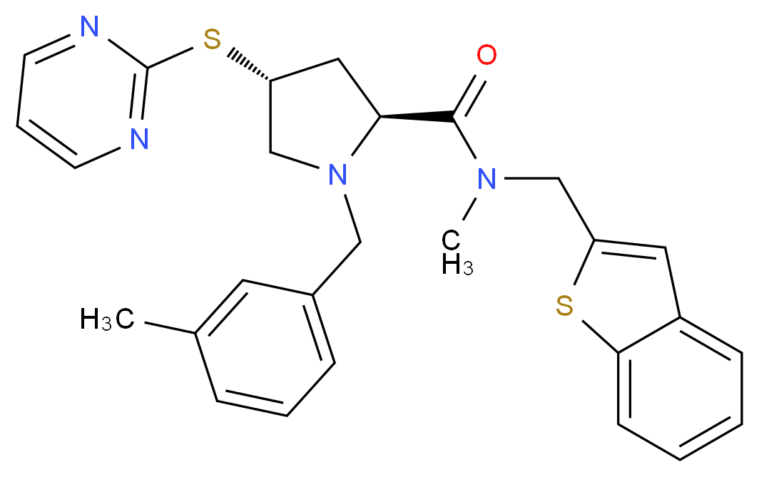 (4R)-N-(1-benzothien-2-ylmethyl)-N-methyl-1-(3-methylbenzyl)-4-(2-pyrimidinylthio)-L-prolinamide_分子结构_CAS_)