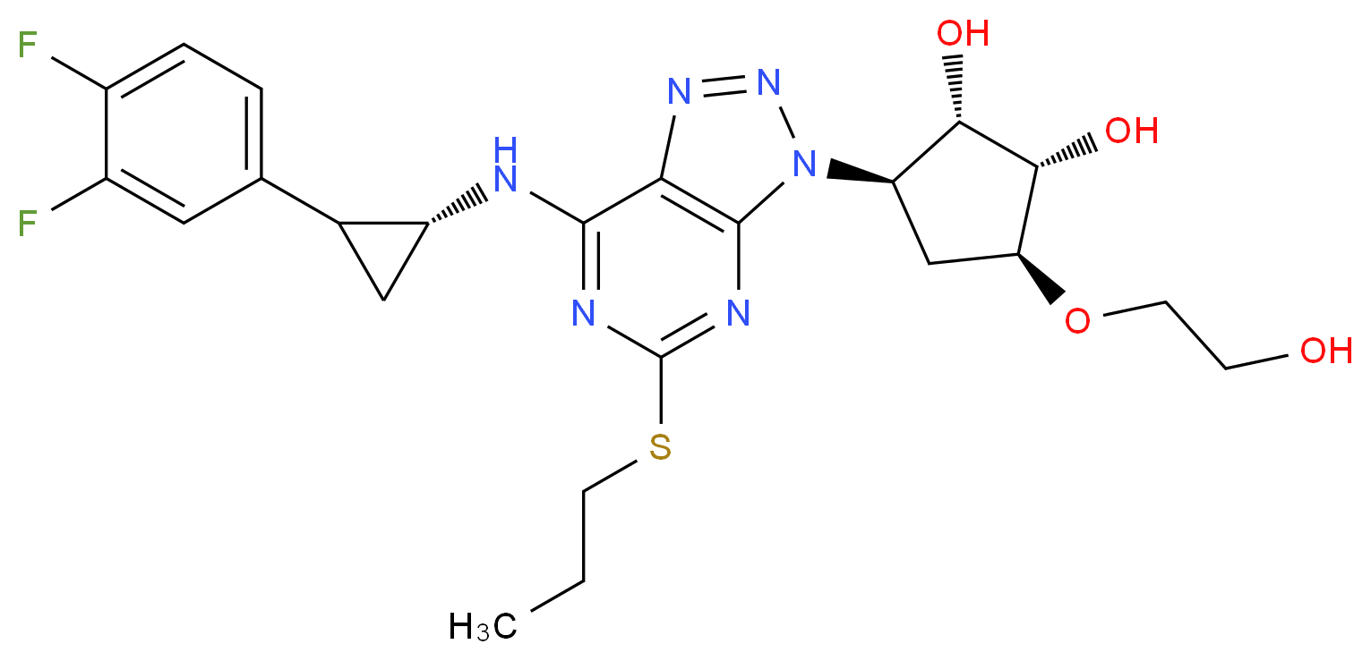 (1S,2S,3R,5S)-3-(7-{[(1R)-2-(3,4-difluorophenyl)cyclopropyl]amino}-5-(propylsulfanyl)-3H-[1,2,3]triazolo[4,5-d]pyrimidin-3-yl)-5-(2-hydroxyethoxy)cyclopentane-1,2-diol_分子结构_CAS_274693-27-5