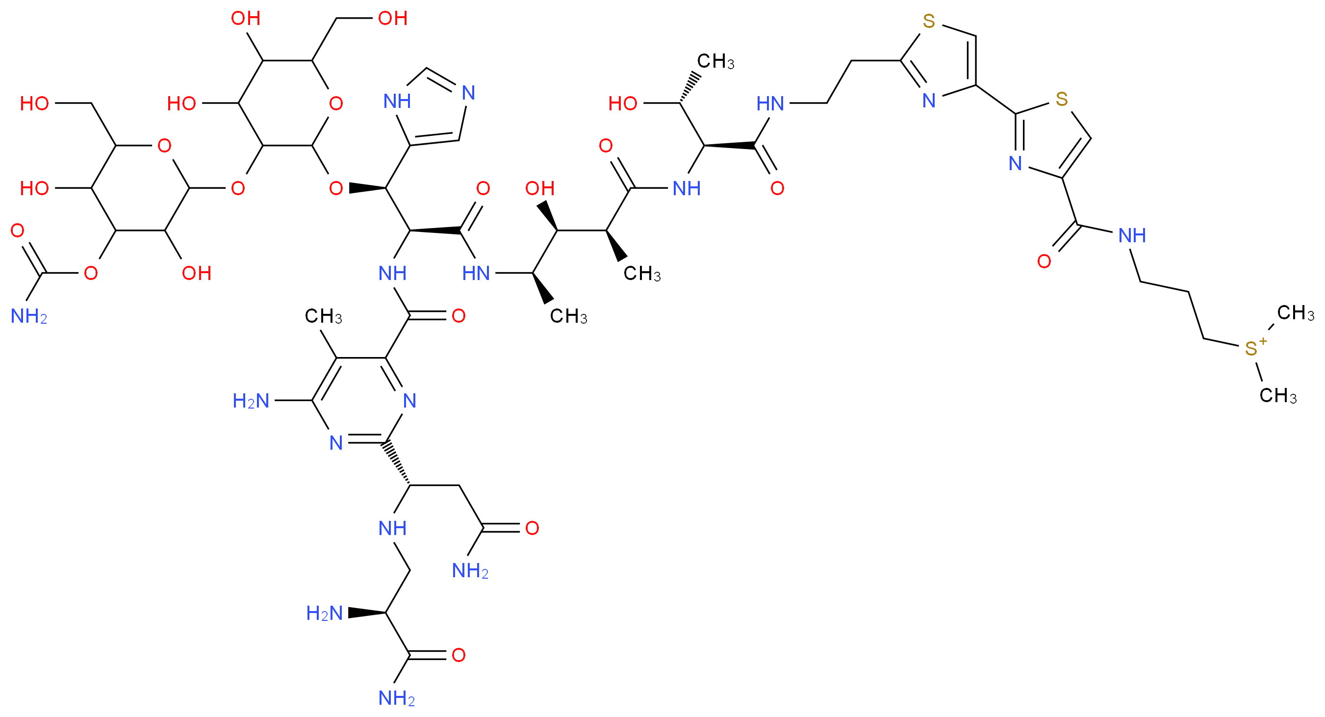 (3-{[2-(2-{2-[(2S,3R)-2-[(2S,3S,4R)-4-[(2S,3R)-2-({6-amino-2-[(1S)-1-{[(2S)-2-amino-2-carbamoylethyl]amino}-2-carbamoylethyl]-5-methylpyrimidin-4-yl}formamido)-3-[(3-{[4-(carbamoyloxy)-3,5-dihydroxy-6-(hydroxymethyl)oxan-2-yl]oxy}-4,5-dihydroxy-6-(hydroxymethyl)oxan-2-yl)oxy]-3-(1H-imidazol-5-yl)propanamido]-3-hydroxy-2-methylpentanamido]-3-hydroxybutanamido]ethyl}-1,3-thiazol-4-yl)-1,3-thiazol-4-yl]formamido}propyl)dimethylsulfanium_分子结构_CAS_11056-06-7