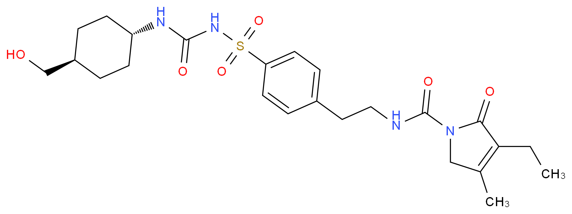 3-ethyl-4-methyl-2-oxo-N-(2-{4-[({[(1r,4r)-4-(hydroxymethyl)cyclohexyl]carbamoyl}amino)sulfonyl]phenyl}ethyl)-2,5-dihydro-1H-pyrrole-1-carboxamide_分子结构_CAS_600177-94-4