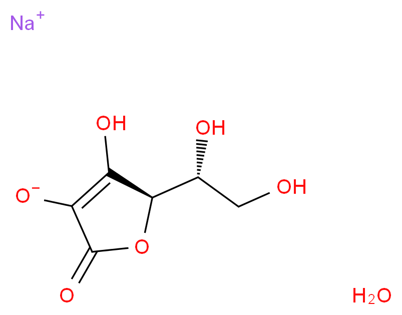 sodium (5R)-5-[(1R)-1,2-dihydroxyethyl]-4-hydroxy-2-oxo-2,5-dihydrofuran-3-olate hydrate_分子结构_CAS_63524-04-9