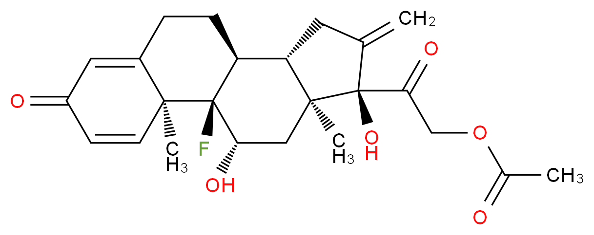 2-[(1R,2S,10S,11S,14R,15S,17S)-1-fluoro-14,17-dihydroxy-2,15-dimethyl-13-methylidene-5-oxotetracyclo[8.7.0.0<sup>2</sup>,<sup>7</sup>.0<sup>1</sup><sup>1</sup>,<sup>1</sup><sup>5</sup>]heptadeca-3,6-dien-14-yl]-2-oxoethyl acetate_分子结构_CAS_1255-35-2