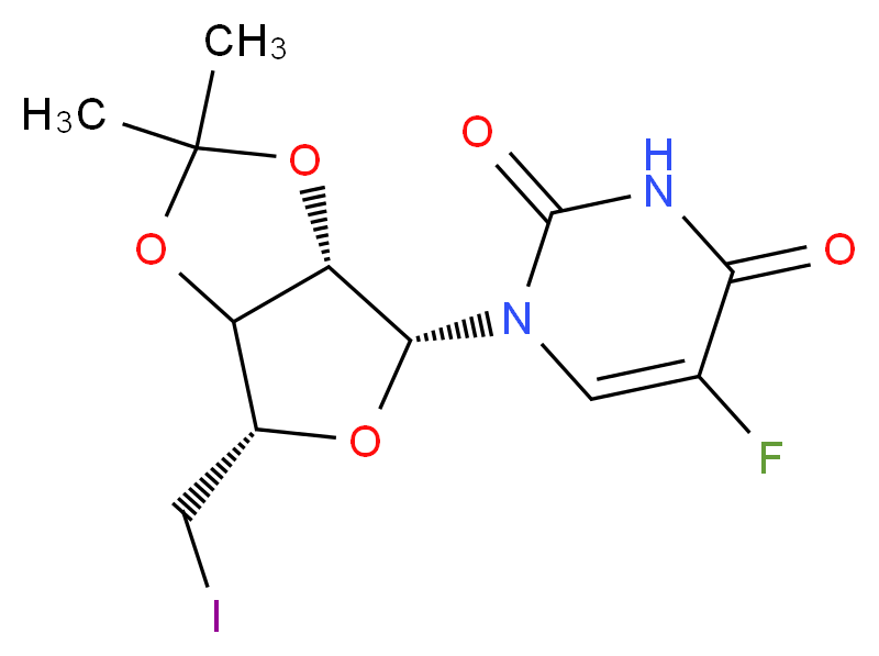 1-[(3aS,4R,6S)-6-(iodomethyl)-2,2-dimethyl-tetrahydro-2H-furo[3,4-d][1,3]dioxol-4-yl]-5-fluoro-1,2,3,4-tetrahydropyrimidine-2,4-dione_分子结构_CAS_61787-10-8