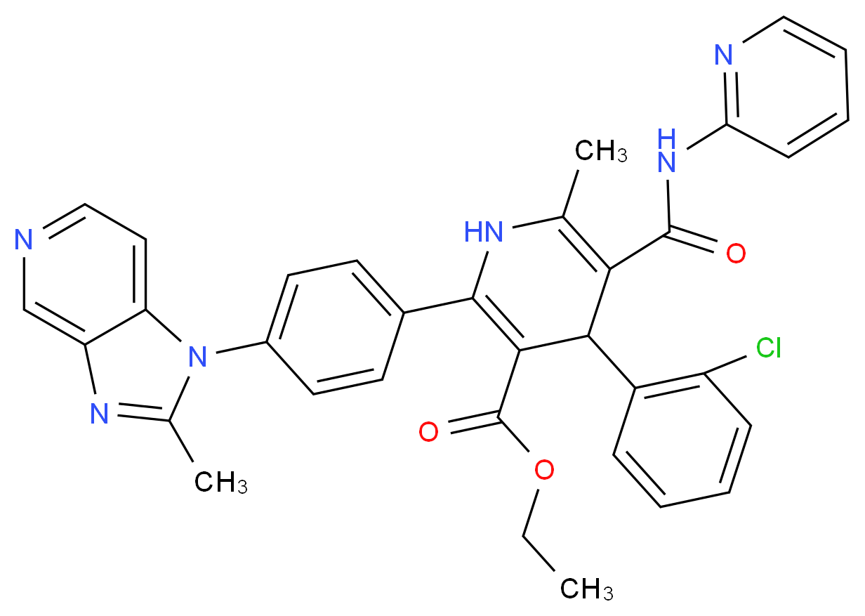 ethyl 4-(2-chlorophenyl)-6-methyl-2-(4-{2-methyl-1H-imidazo[4,5-c]pyridin-1-yl}phenyl)-5-[(pyridin-2-yl)carbamoyl]-1,4-dihydropyridine-3-carboxylate_分子结构_CAS_122956-68-7