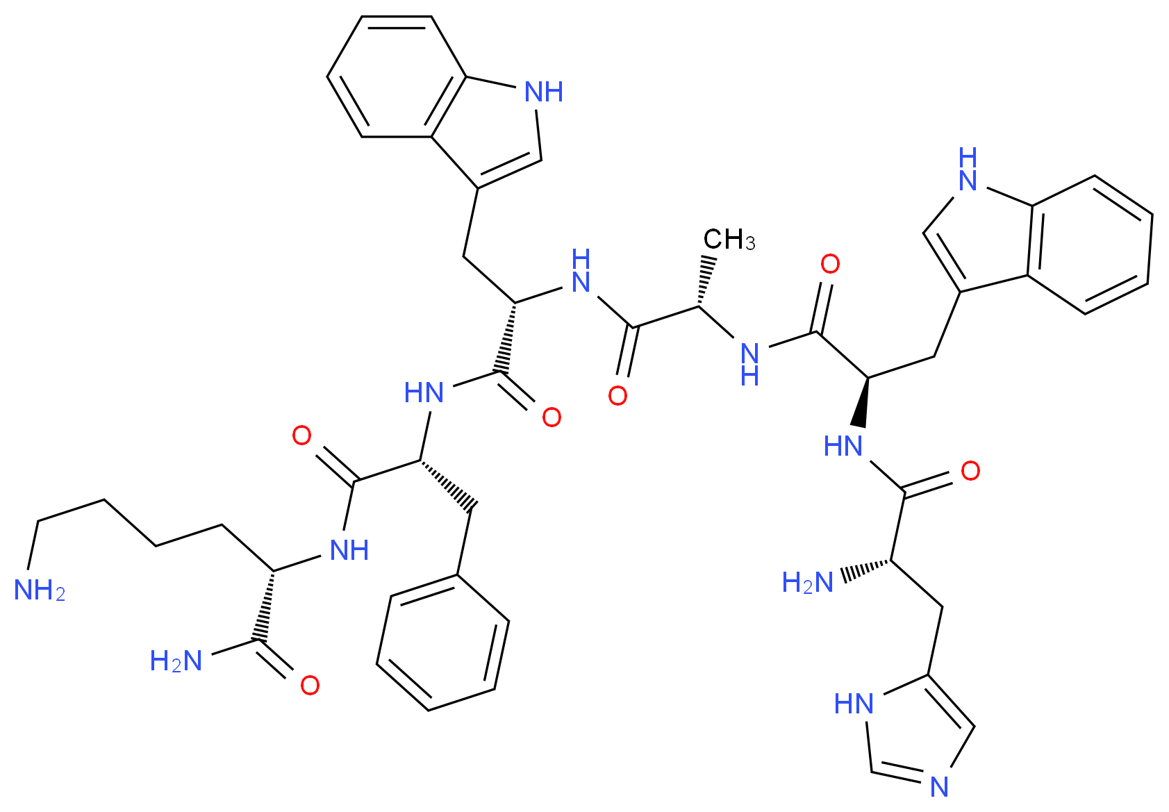 (2S)-6-amino-2-[(2R)-2-[(2S)-2-[(2S)-2-[(2R)-2-[(2S)-2-amino-3-(1H-imidazol-5-yl)propanamido]-3-(1H-indol-3-yl)propanamido]propanamido]-3-(1H-indol-3-yl)propanamido]-3-phenylpropanamido]hexanamide_分子结构_CAS_87616-84-0