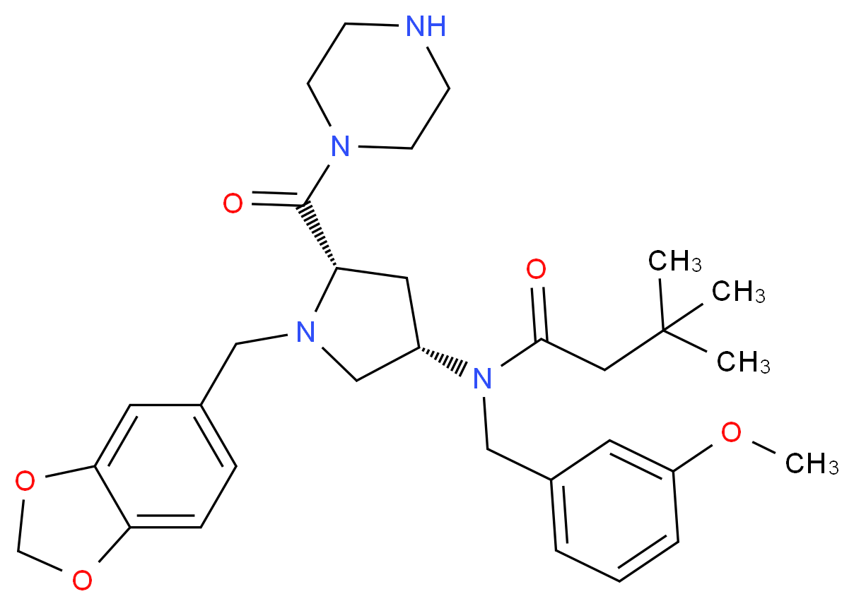 N-[(3S,5S)-1-(2H-1,3-benzodioxol-5-ylmethyl)-5-(piperazine-1-carbonyl)pyrrolidin-3-yl]-N-[(3-methoxyphenyl)methyl]-3,3-dimethylbutanamide_分子结构_CAS_334998-36-6