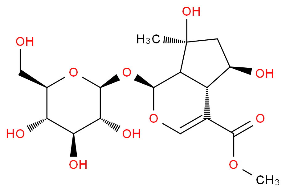 methyl (1S,4aS,5R,7S,7aS)-5,7-dihydroxy-7-methyl-1-{[(2S,3R,4S,5S,6R)-3,4,5-trihydroxy-6-(hydroxymethyl)oxan-2-yl]oxy}-1H,4aH,5H,6H,7H,7aH-cyclopenta[c]pyran-4-carboxylate_分子结构_CAS_64421-28-9