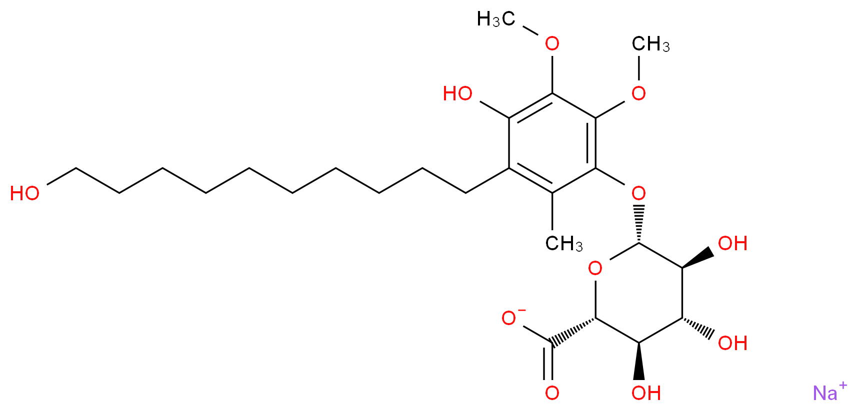 sodium (2R,3R,4R,5S,6R)-3,4,5-trihydroxy-6-[4-hydroxy-3-(10-hydroxydecyl)-5,6-dimethoxy-2-methylphenoxy]oxane-2-carboxylate_分子结构_CAS_153010-37-8