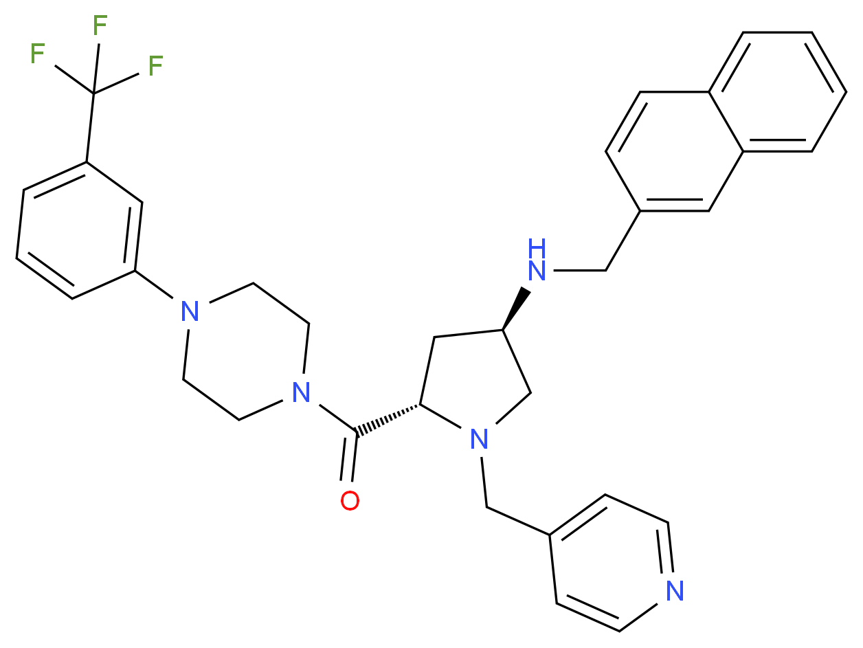 (3R,5S)-N-(2-naphthylmethyl)-1-(4-pyridinylmethyl)-5-({4-[3-(trifluoromethyl)phenyl]-1-piperazinyl}carbonyl)-3-pyrrolidinamine_分子结构_CAS_)