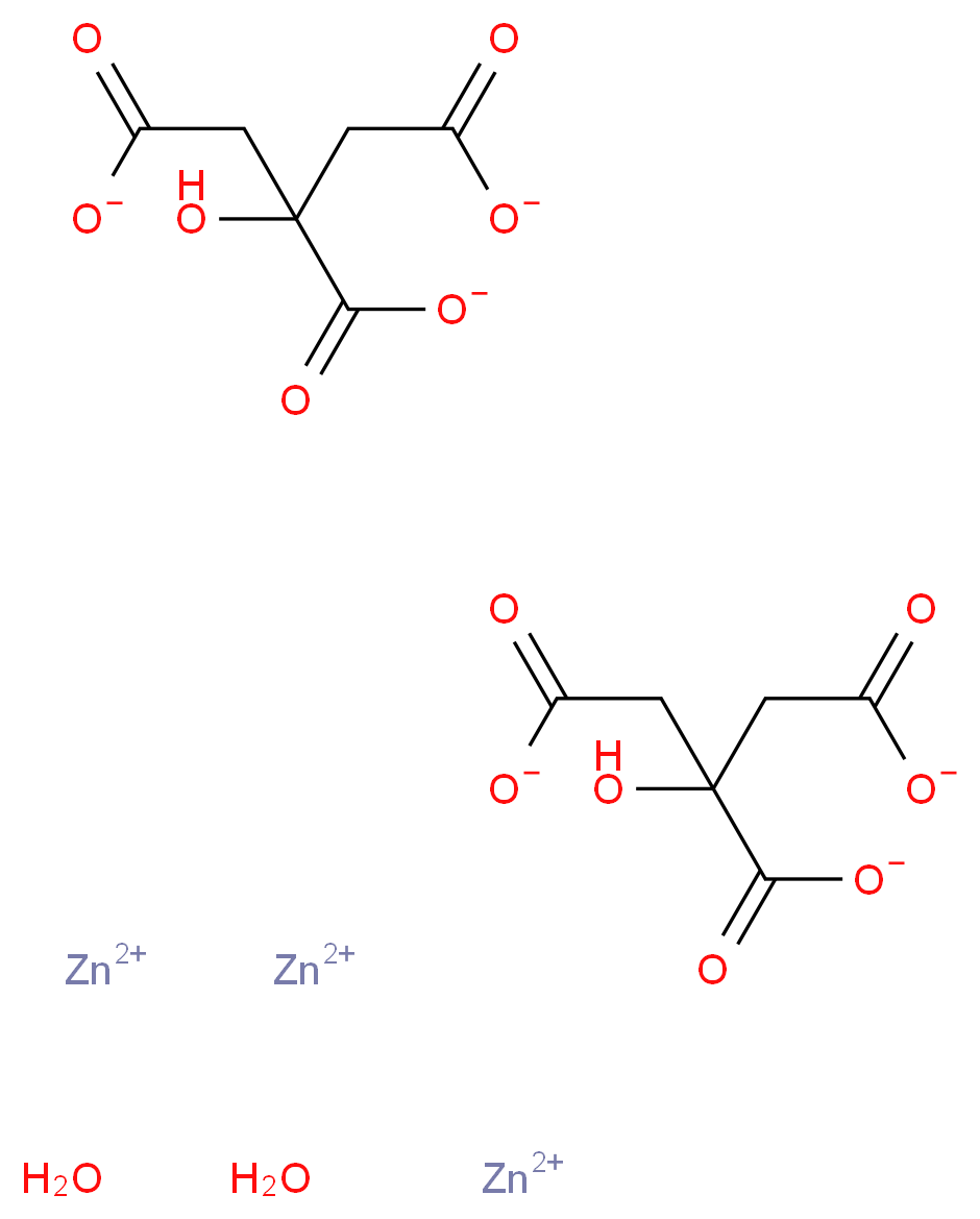 trizinc(2+) ion bis(2-hydroxypropane-1,2,3-tricarboxylate) dihydrate_分子结构_CAS_5990-32-9
