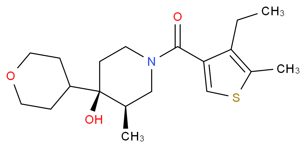 (3R*,4R*)-1-[(4-ethyl-5-methyl-3-thienyl)carbonyl]-3-methyl-4-(tetrahydro-2H-pyran-4-yl)-4-piperidinol_分子结构_CAS_)