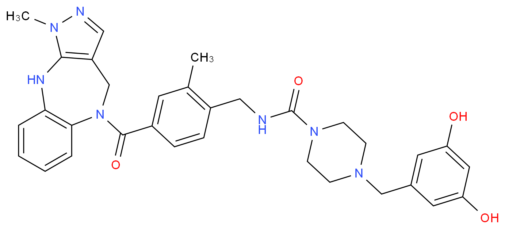 4-[(3,5-dihydroxyphenyl)methyl]-N-[(2-methyl-4-{4-methyl-2,4,5,9-tetraazatricyclo[8.4.0.0<sup>3</sup>,<sup>7</sup>]tetradeca-1(10),3(7),5,11,13-pentaene-9-carbonyl}phenyl)methyl]piperazine-1-carboxamide_分子结构_CAS_847375-16-0
