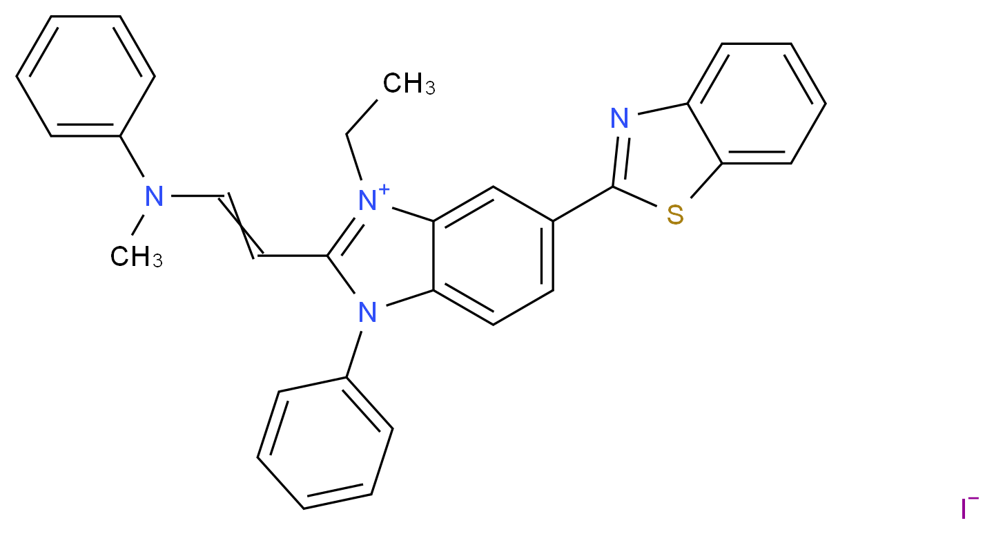 5-(1,3-benzothiazol-2-yl)-3-ethyl-2-{2-[methyl(phenyl)amino]ethenyl}-1-phenyl-1H-1,3-benzodiazol-3-ium iodide_分子结构_CAS_681281-88-9