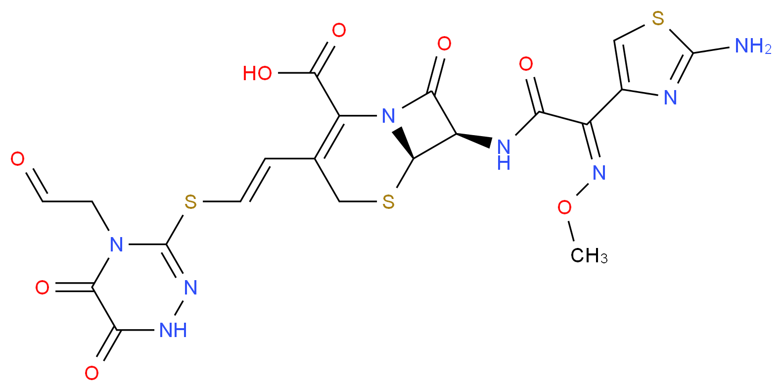 (6R,7R)-7-[(2Z)-2-(2-amino-1,3-thiazol-4-yl)-2-(methoxyimino)acetamido]-3-[(E)-2-{[5,6-dioxo-4-(2-oxoethyl)-1,4,5,6-tetrahydro-1,2,4-triazin-3-yl]sulfanyl}ethenyl]-8-oxo-5-thia-1-azabicyclo[4.2.0]oct-2-ene-2-carboxylic acid_分子结构_CAS_77360-52-2