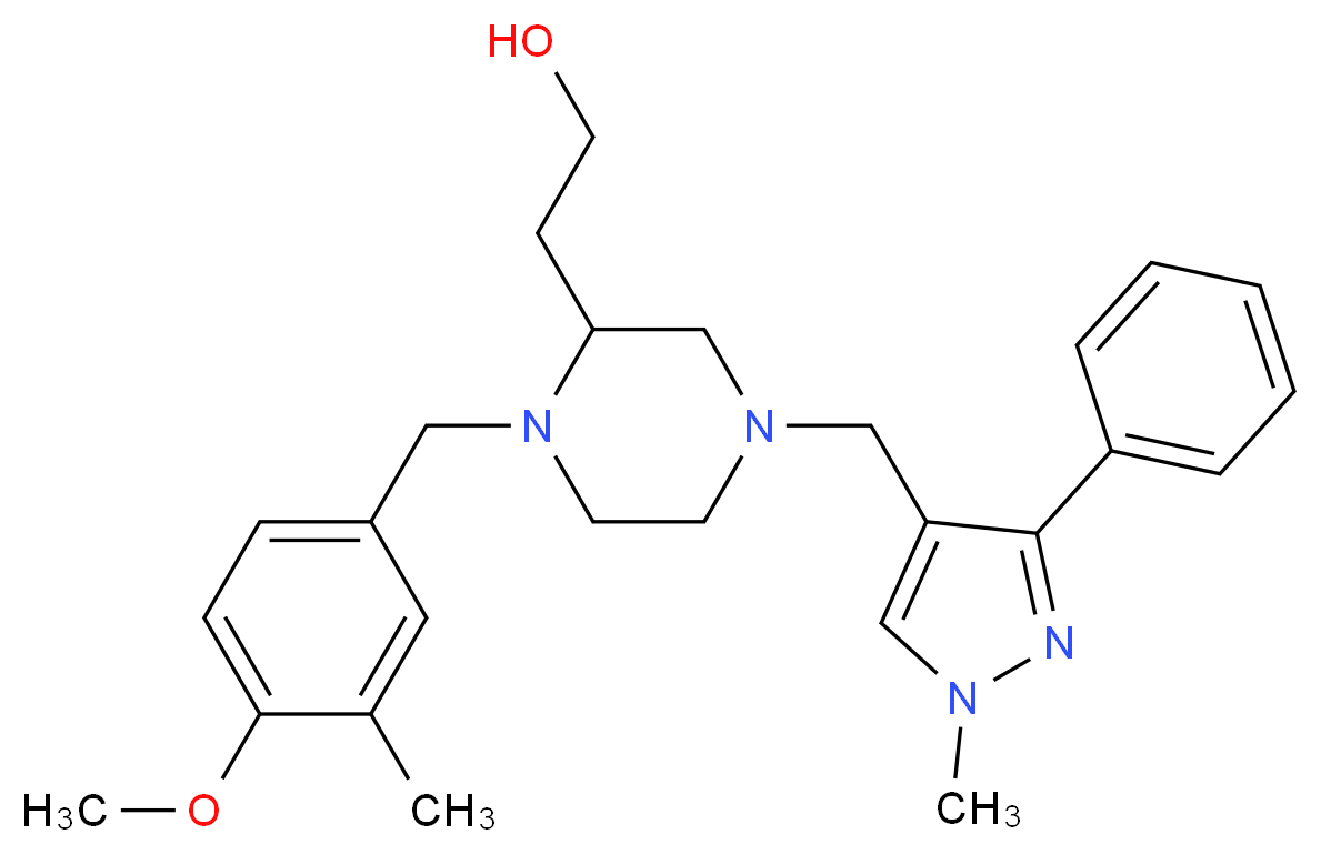 2-{1-(4-methoxy-3-methylbenzyl)-4-[(1-methyl-3-phenyl-1H-pyrazol-4-yl)methyl]-2-piperazinyl}ethanol_分子结构_CAS_)