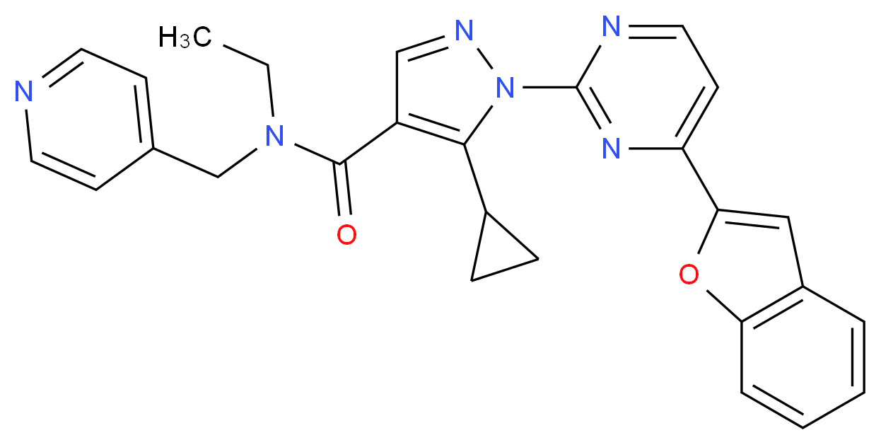1-[4-(1-benzofuran-2-yl)-2-pyrimidinyl]-5-cyclopropyl-N-ethyl-N-(4-pyridinylmethyl)-1H-pyrazole-4-carboxamide_分子结构_CAS_)