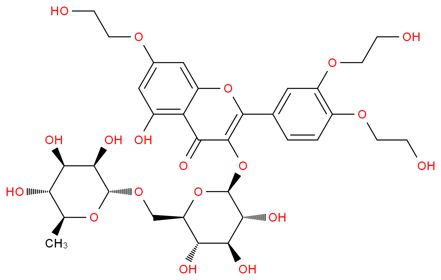 2-[3,4-bis(2-hydroxyethoxy)phenyl]-5-hydroxy-7-(2-hydroxyethoxy)-3-{[(2S,3R,4S,5S,6R)-3,4,5-trihydroxy-6-({[(2R,3R,4R,5R,6S)-3,4,5-trihydroxy-6-methyloxan-2-yl]oxy}methyl)oxan-2-yl]oxy}-4H-chromen-4-one_分子结构_CAS_7085-55-4