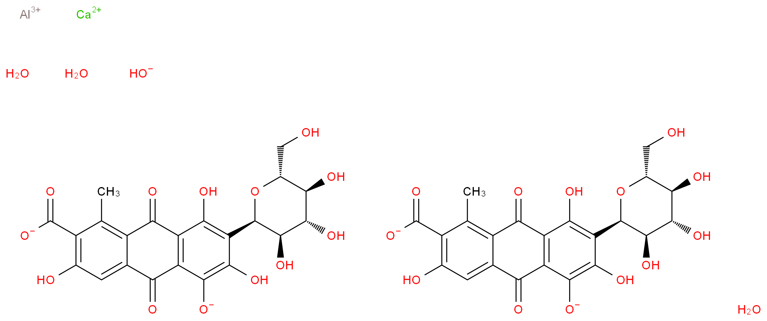 aluminium(3+) ion calcium bis(3,6,8-trihydroxy-1-methyl-5-oxido-9,10-dioxo-7-[(2R,3R,4R,5S,6R)-3,4,5-trihydroxy-6-(hydroxymethyl)oxan-2-yl]-9,10-dihydroanthracene-2-carboxylate) trihydrate hydroxide_分子结构_CAS_1328-60-5