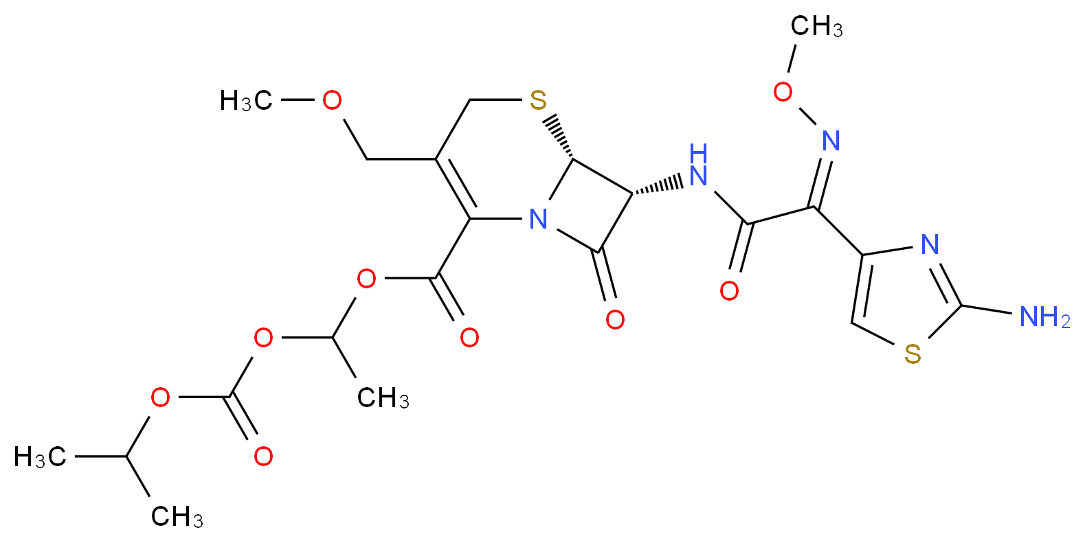 1-{[(propan-2-yloxy)carbonyl]oxy}ethyl (6R,7R)-7-[(2Z)-2-(2-amino-1,3-thiazol-4-yl)-2-(methoxyimino)acetamido]-3-(methoxymethyl)-8-oxo-5-thia-1-azabicyclo[4.2.0]oct-2-ene-2-carboxylate_分子结构_CAS_87239-81-4