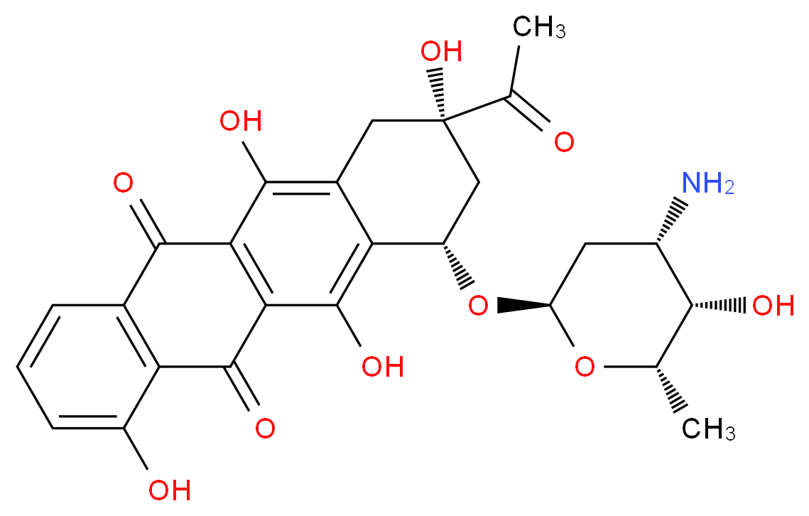 (8S,10S)-8-acetyl-10-{[(2R,4S,5S,6S)-4-amino-5-hydroxy-6-methyloxan-2-yl]oxy}-1,6,8,11-tetrahydroxy-5,7,8,9,10,12-hexahydrotetracene-5,12-dione_分子结构_CAS_39472-31-6