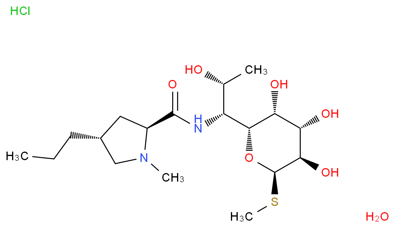 (2S,4R)-N-[(1R,2R)-2-hydroxy-1-[(2R,3R,4S,5R,6R)-3,4,5-trihydroxy-6-(methylsulfanyl)oxan-2-yl]propyl]-1-methyl-4-propylpyrrolidine-2-carboxamide hydrate hydrochloride_分子结构_CAS_7179-49-9