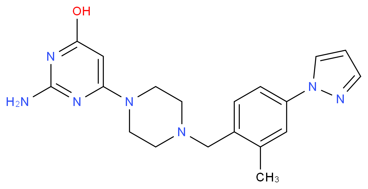 2-amino-6-{4-[2-methyl-4-(1H-pyrazol-1-yl)benzyl]piperazin-1-yl}pyrimidin-4-ol_分子结构_CAS_)