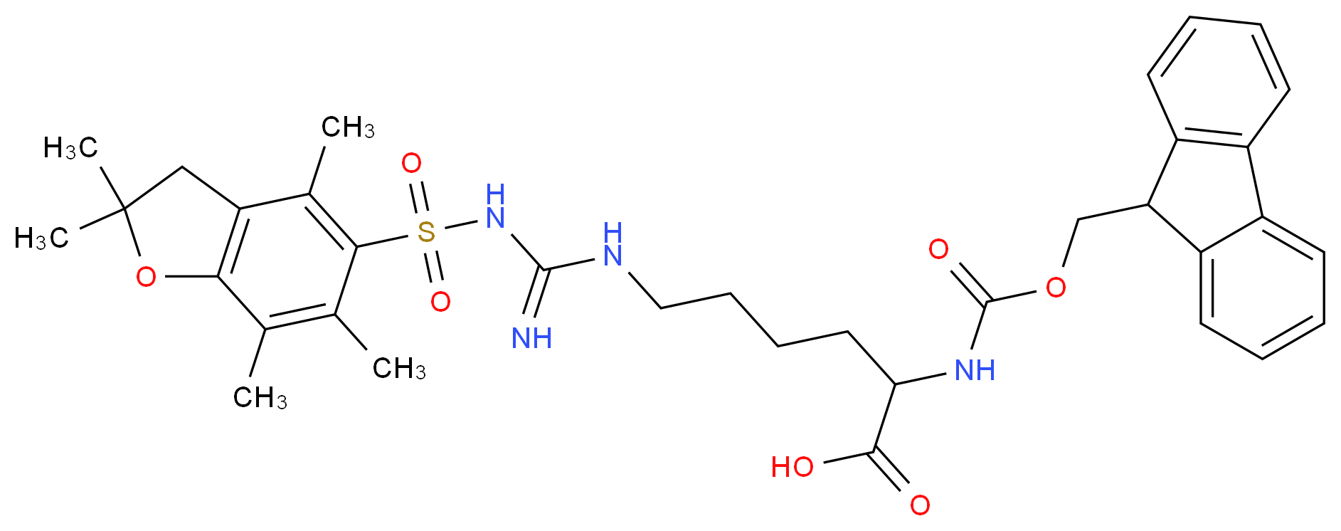 2-{[(9H-fluoren-9-ylmethoxy)carbonyl]amino}-6-{1-[(2,2,4,6,7-pentamethyl-2,3-dihydro-1-benzofuran-5-yl)sulfonyl]carbamimidamido}hexanoic acid_分子结构_CAS_401915-53-5